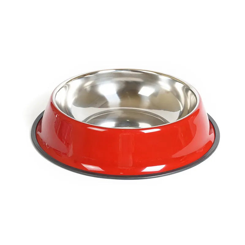 Stainless steel pet bowl with melamine exterior in six colour options showing non-slip base