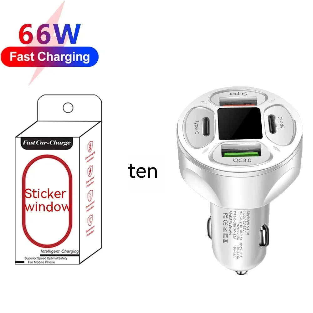 66W car charger with digital display showing 2 USB and 2 Type-C ports
