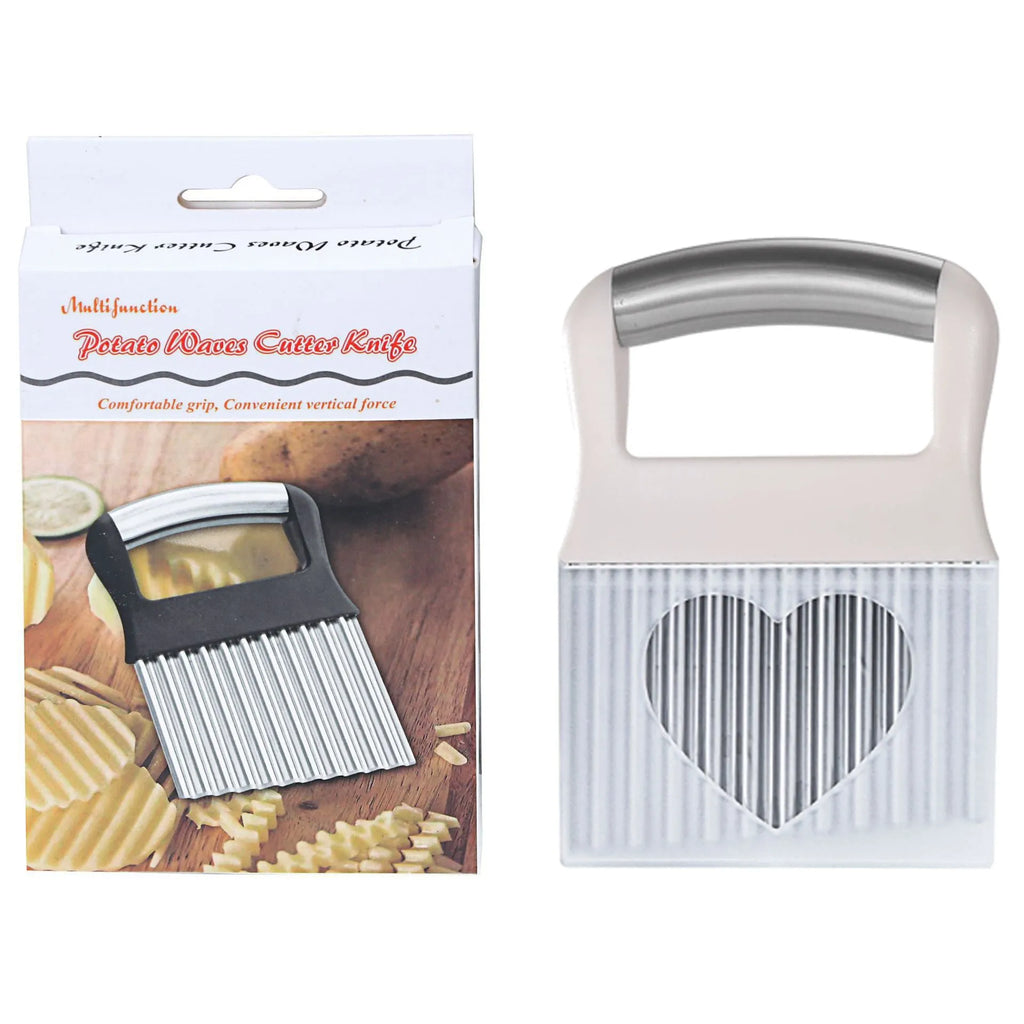 Stainless steel potato wave knife with crinkle-cut blade on a kitchen worktop