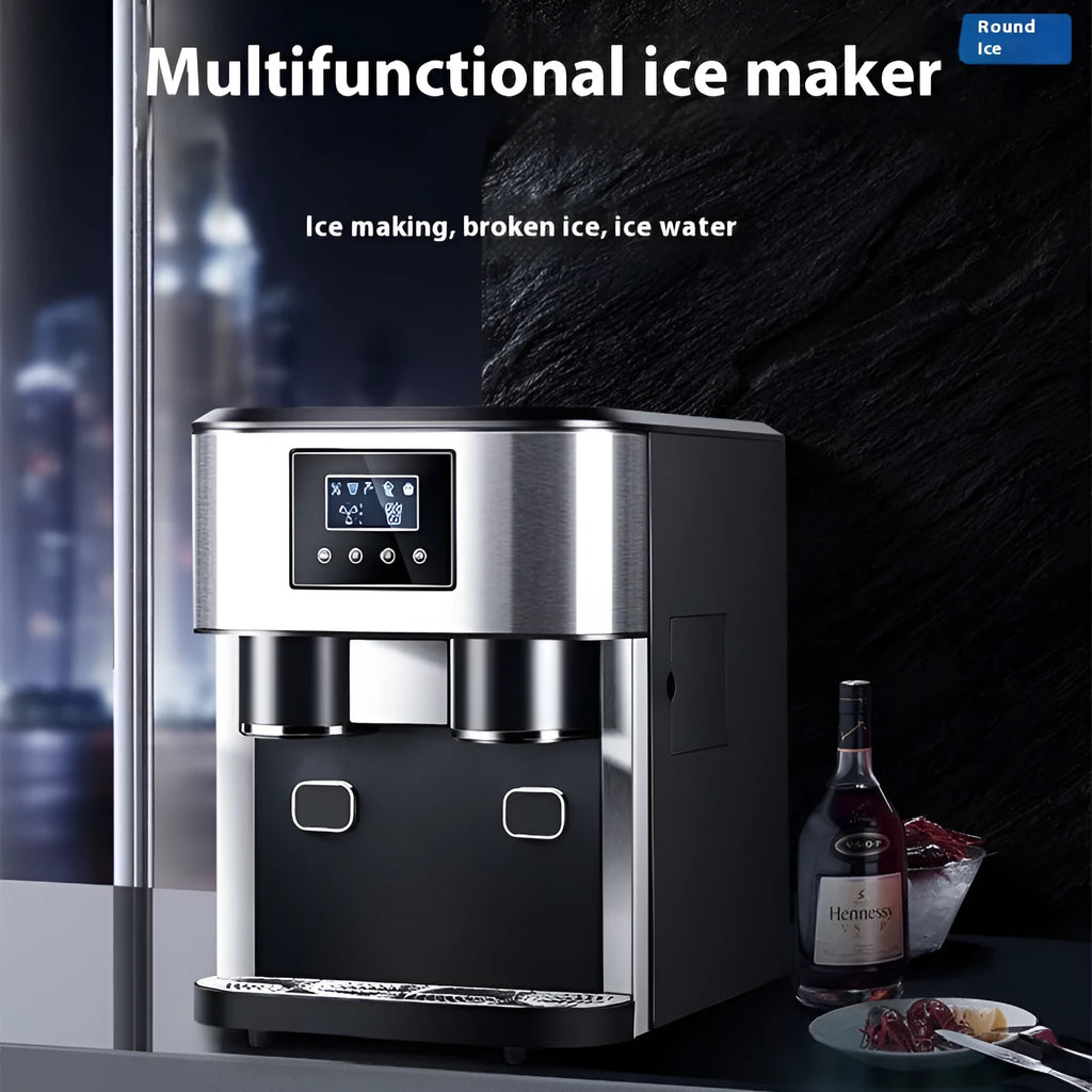 Black desktop ice maker with ice crushing and cold water functions on countertop