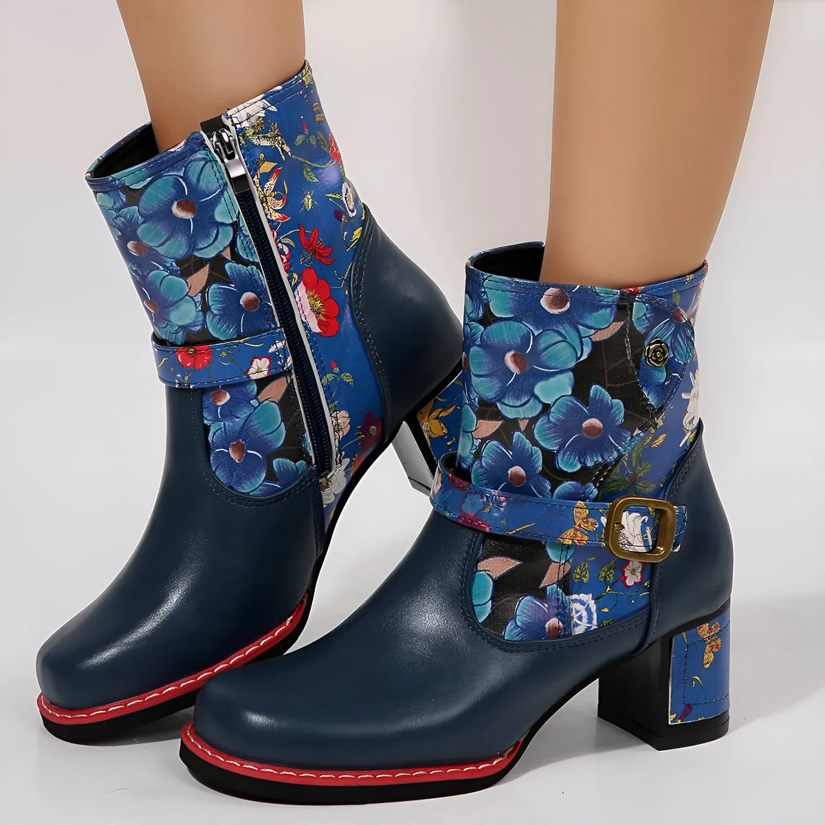 Women's printed stitching ankle booties with thick rubber sole and front lace-up, in purple or blue
