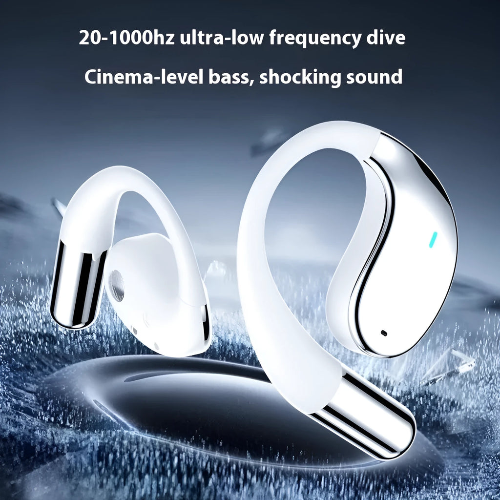 Black sports Bluetooth earphones with creative ear-mounted design and digital display.