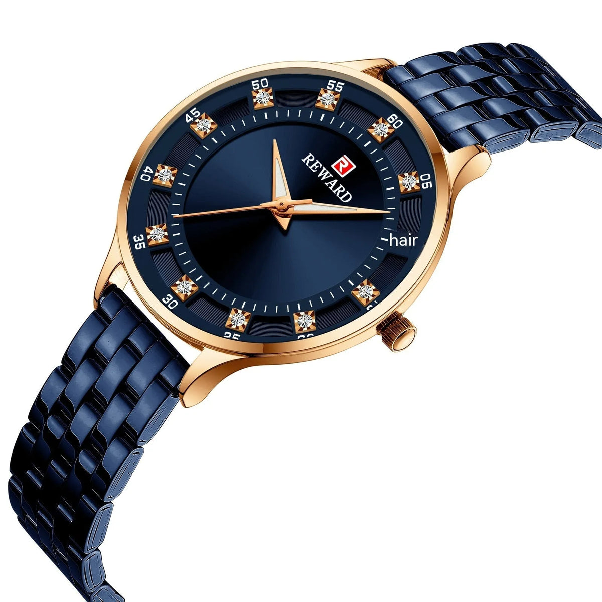 Women's quartz watch with steel belt, diamond detail, 8mm thickness, blue shell or rose shell or gold finish