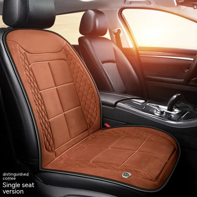 Car seat heating cushion in beige colour on a vehicle seat, showcasing its auto heating function and cotton filler.