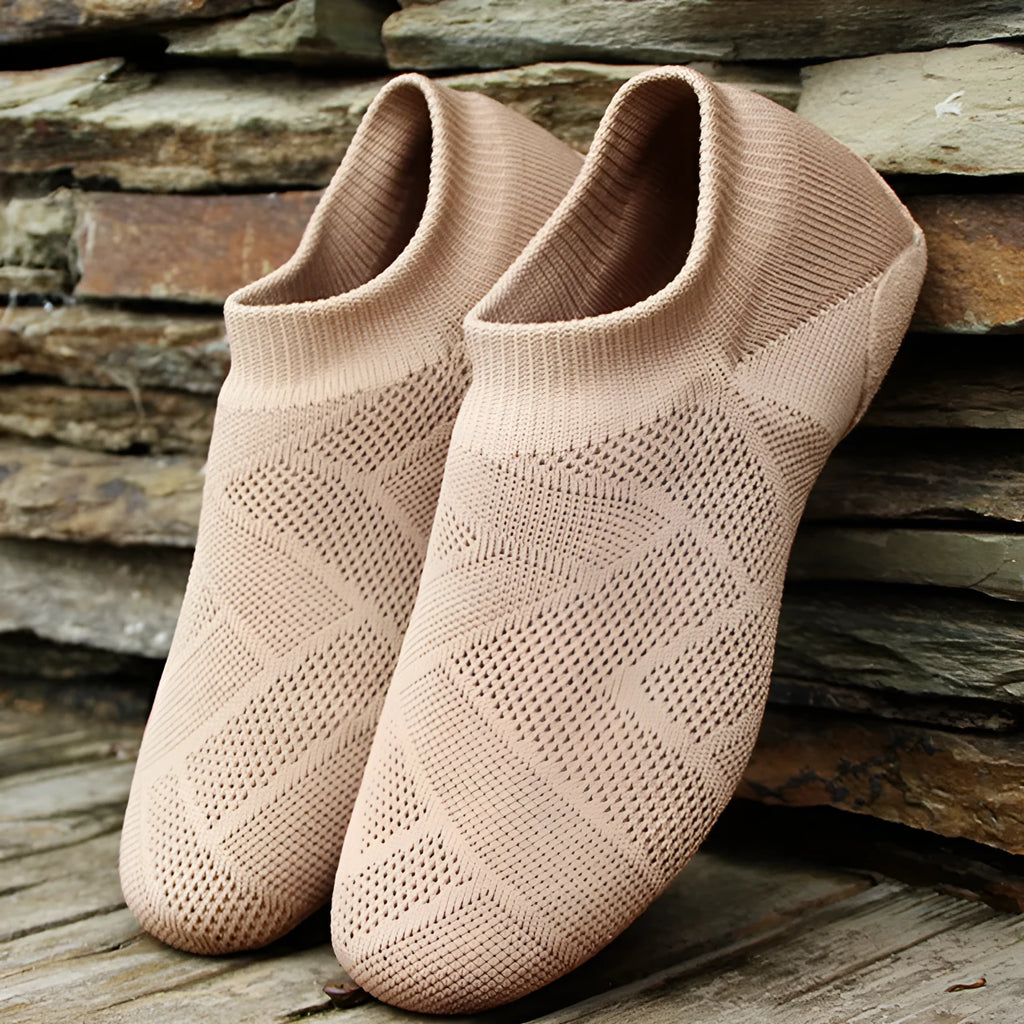 Solid colour Latin dance shoes with cotton mesh upper and leather sole in camel colour options