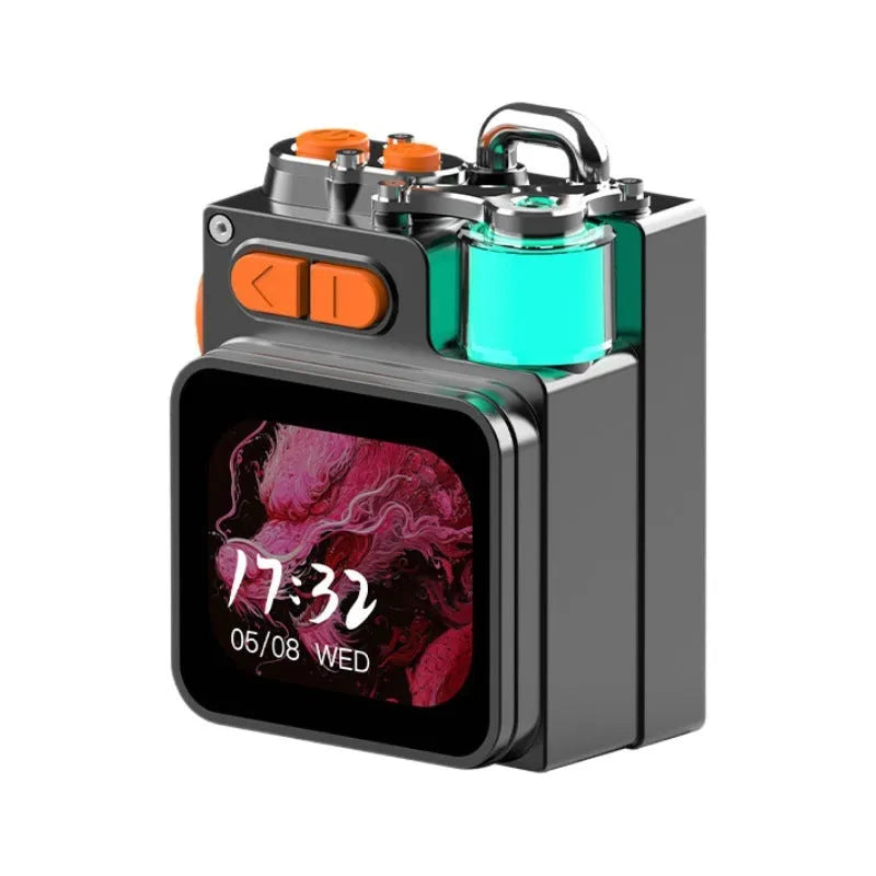 Dark grey compact Bluetooth speaker with touch screen controls showing 80mm width measurement