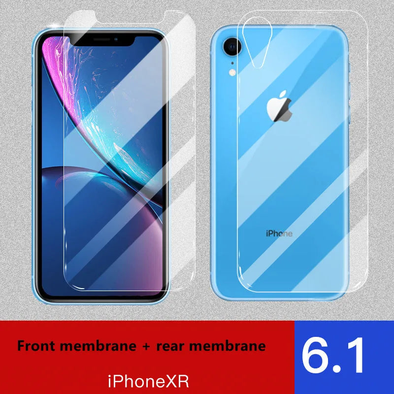 Tempered glass screen protector for Apple iPhone showing front and rear film options.