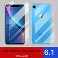 Tempered glass screen protector for Apple iPhone showing front and rear film options.