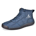 Men's beige retro-style mid-calf boots with an elastic band and flat rubber sole on a white background.