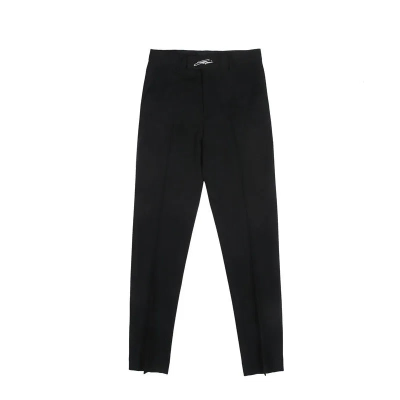 Cotton blended men's slim casual straight leg trousers in black, side view