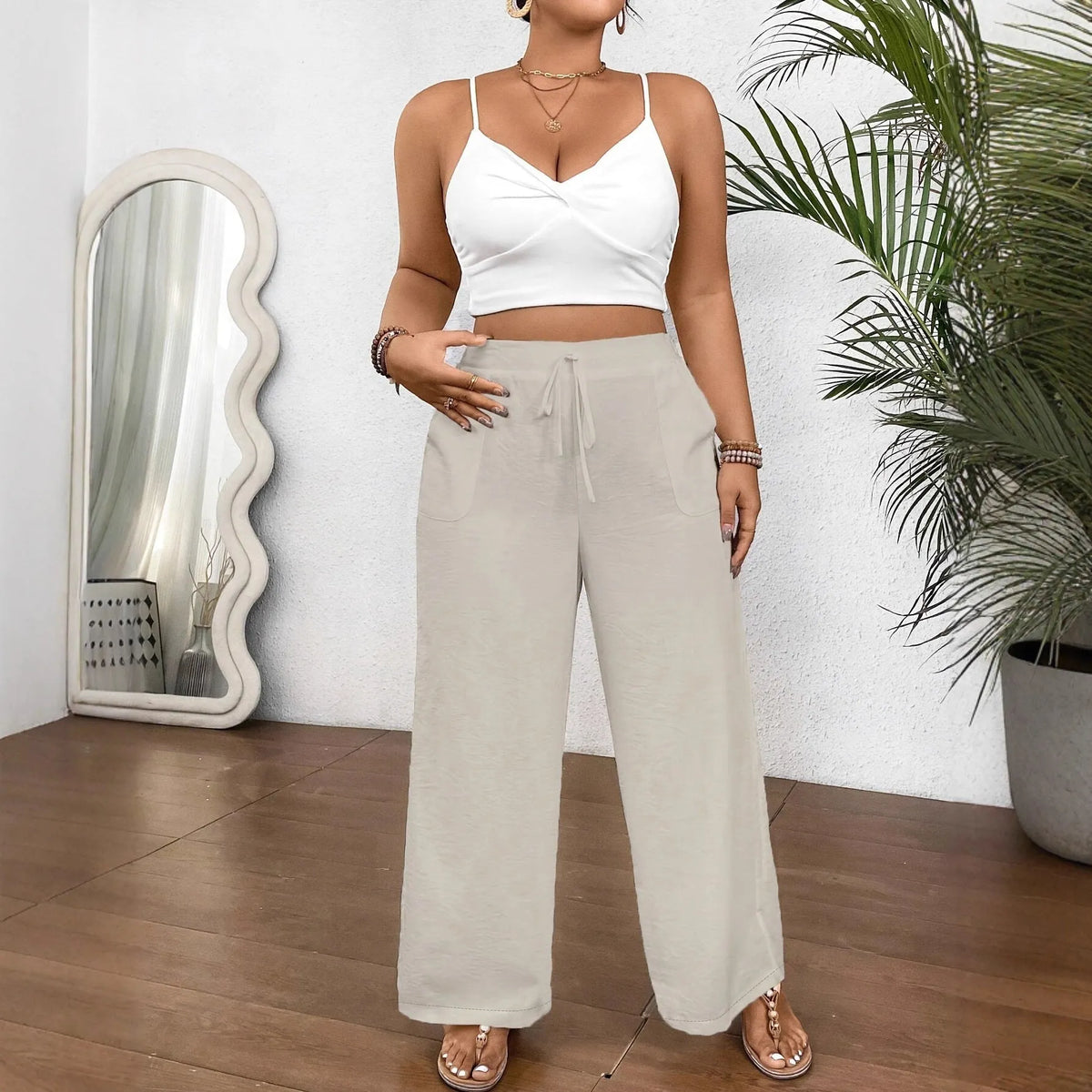 Women's loose wide leg drawstring trousers in khaki or black, polyester, sizes 0XL to 4XL