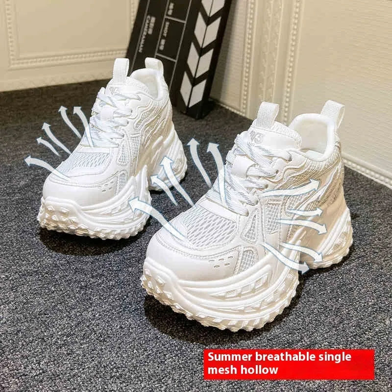 White women's dad shoes with lace-up closure showing round toe design and height increasing insole construction