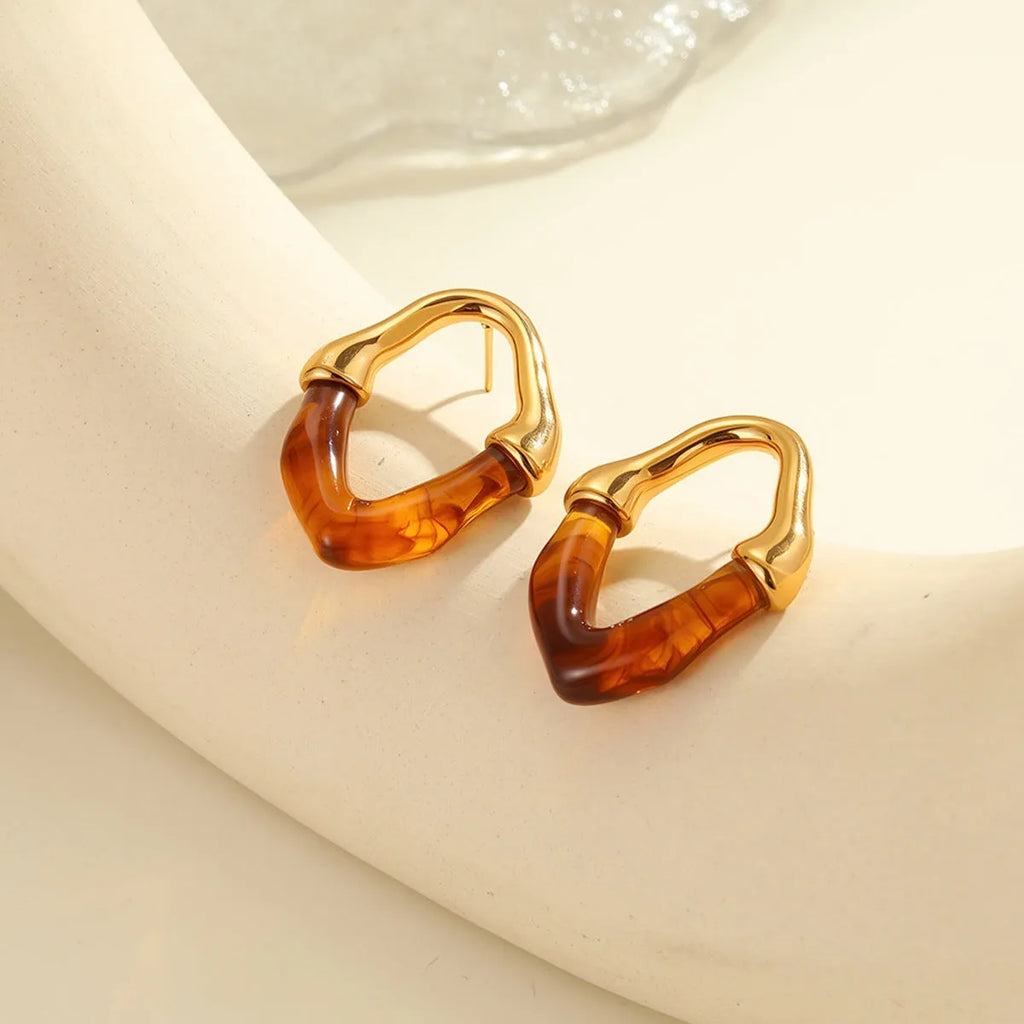 Resin stitching stainless steel earrings with 18K electroplated finish in pink, blue, green, white, and coffee colours