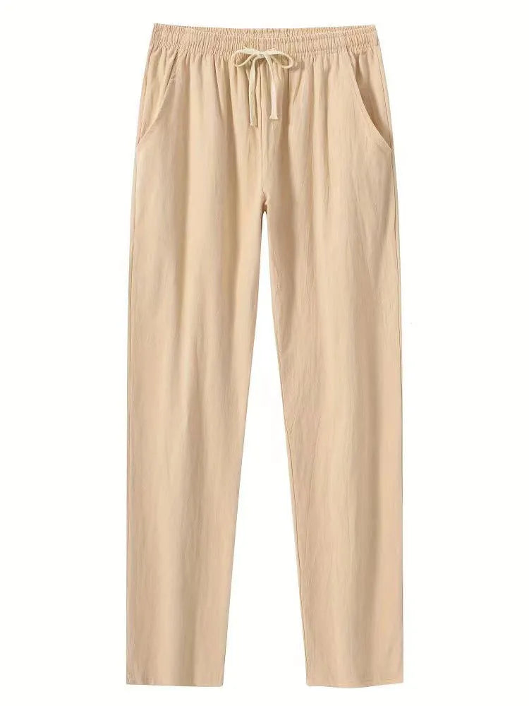 Men's casual sports trousers in polyester, available in white, black, khaki and sky blue, sizes S to XXL, no liner, regular length.
