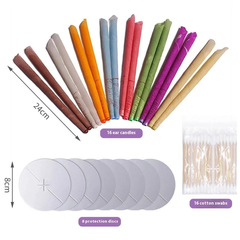 MQ Horn ear candle kit showing 16 candles, 8 protection boards, and 16 cotton swabs in assorted colours.