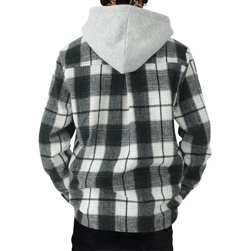 Gray plaid hooded flannel shirt for men, loose casual long sleeve jacquard cardigan, sizes S-XXXL