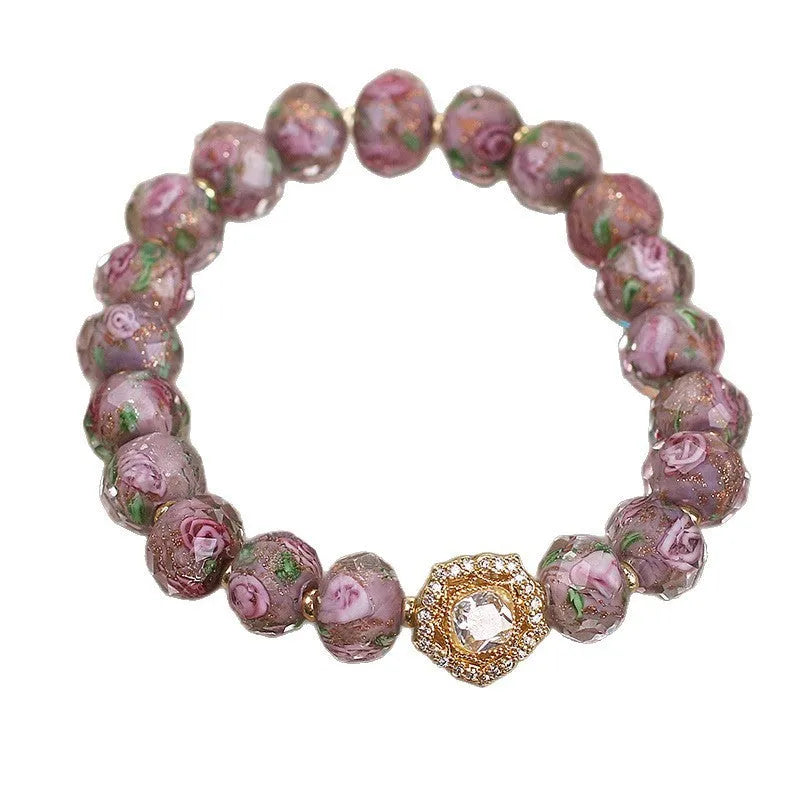 Purple glass beaded bracelet for women with coloured glaze and electroplated finish