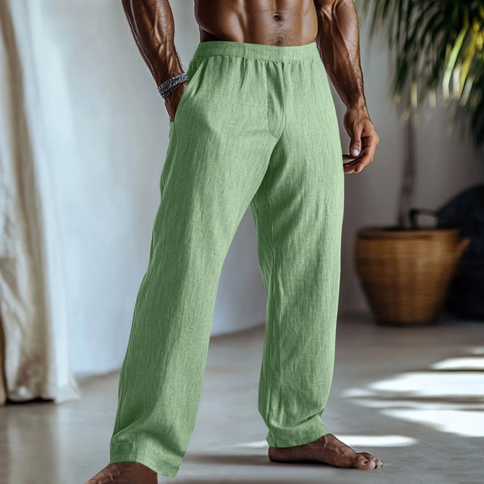 Cotton and linen straight leg casual trousers in a solid colour with side pockets