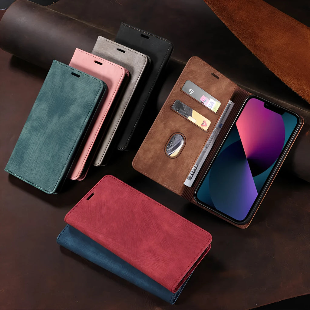 Magnetic flip leather phone case for iPhone in black, showing closed cover with magnetic clasp.