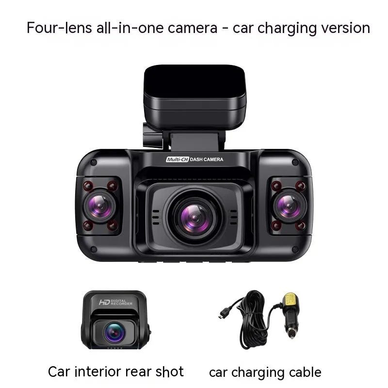 Panoramic four-lens car dashboard camera with 2-inch screen mounted in vehicle