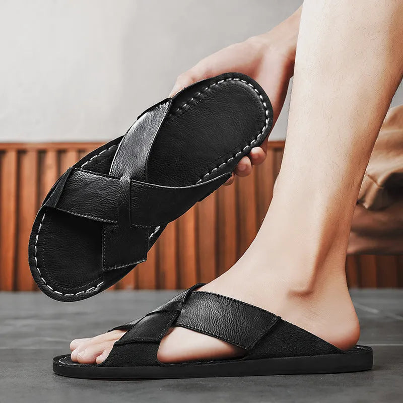 Men's black leather slip-on sandals with frosted pigskin upper and rubber sole