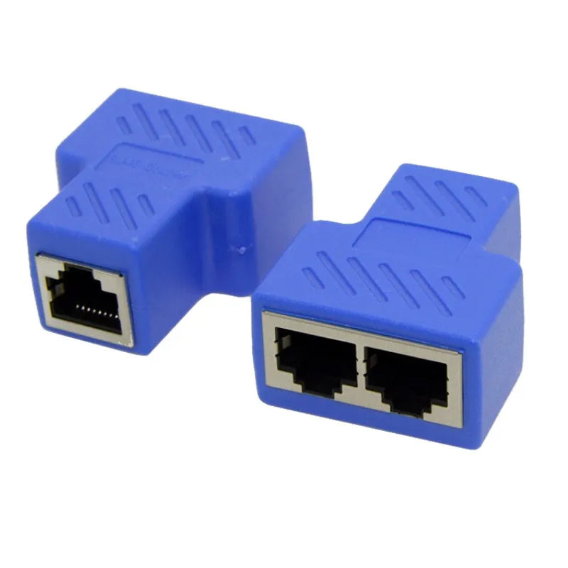 RJ45 network cable splitter adapter in five colour options showing tee configuration