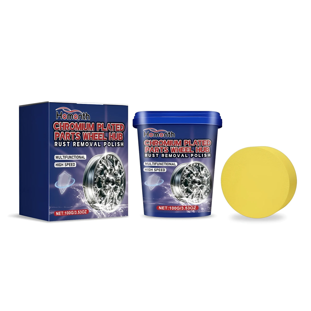 100g automotive stainless steel wheel hub cleaning paste in a 6x6.8cm PE bottle with a 6.8x2.5x6.5cm sponge
