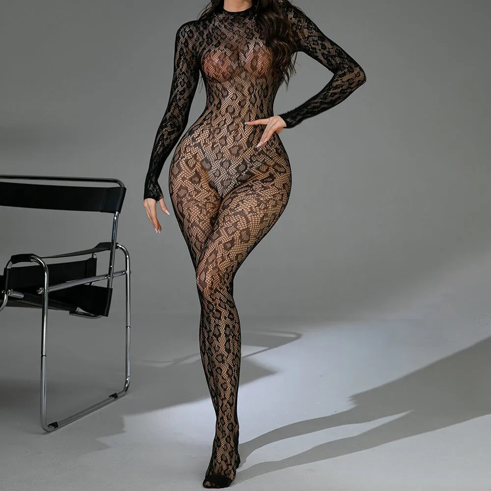 Women's black fishnet lingerie one-piece with long sleeves and backless design
