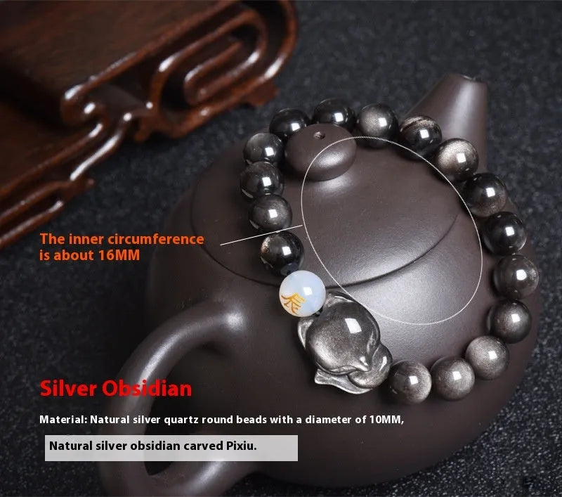 Natural black obsidian bracelet with 10mm beads and zodiac design in gold, silver, or pure stone variations