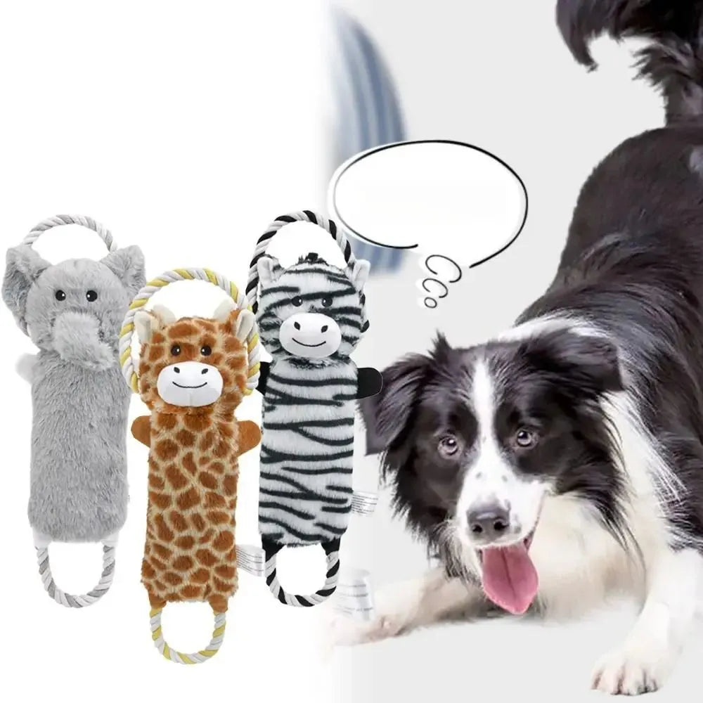 Plush dog toy shaped like zebra with rope and squeaker on white background