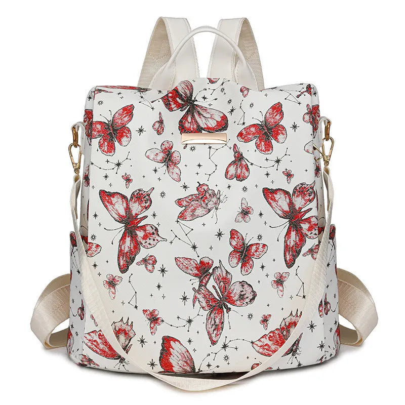 Butterfly printed large capacity backpack in multiple colours showing shoulder straps and fresh sweet style