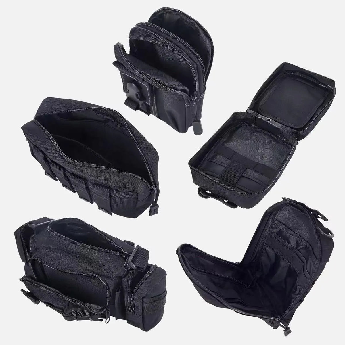 Six-piece car rear storage bag set in black, army green or khaki fabric with hanging handle