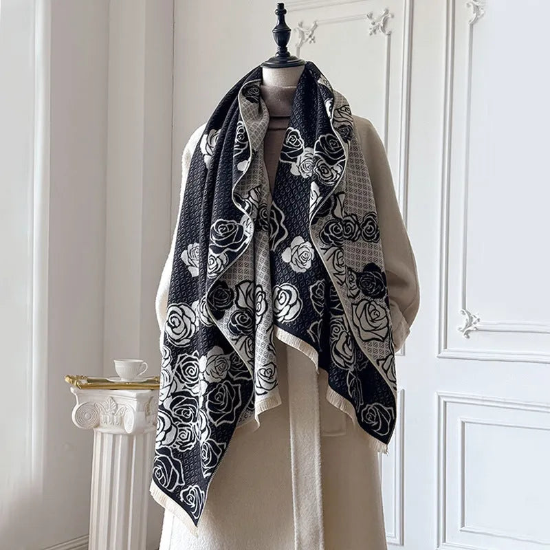 Imitation cashmere scarf with tassel trim in grey, black, blue, or khaki colours measuring 185cm by 65cm