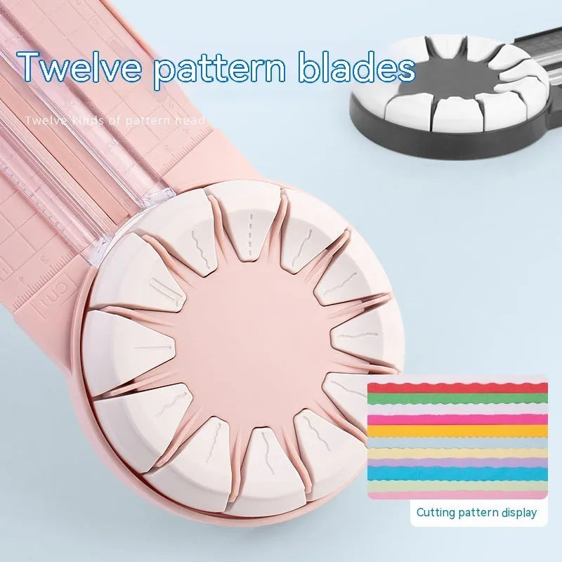 Pink plastic paper cutting machine with dotted alignment guides and 12 cutting patterns
