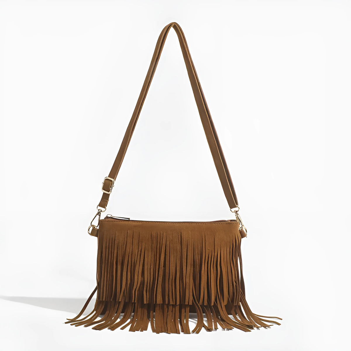 Matte brown women's messenger bag with tassel, horizontal square shape, single strap, 25cm sole length.
