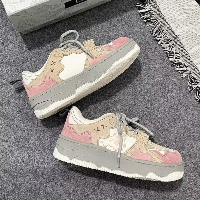 Pink retro student sneakers for women with artificial pu upper and rubber sole