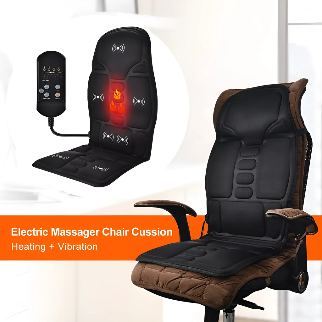 Black AC-powered cervical kneading massager with wireless remote control on flat surface