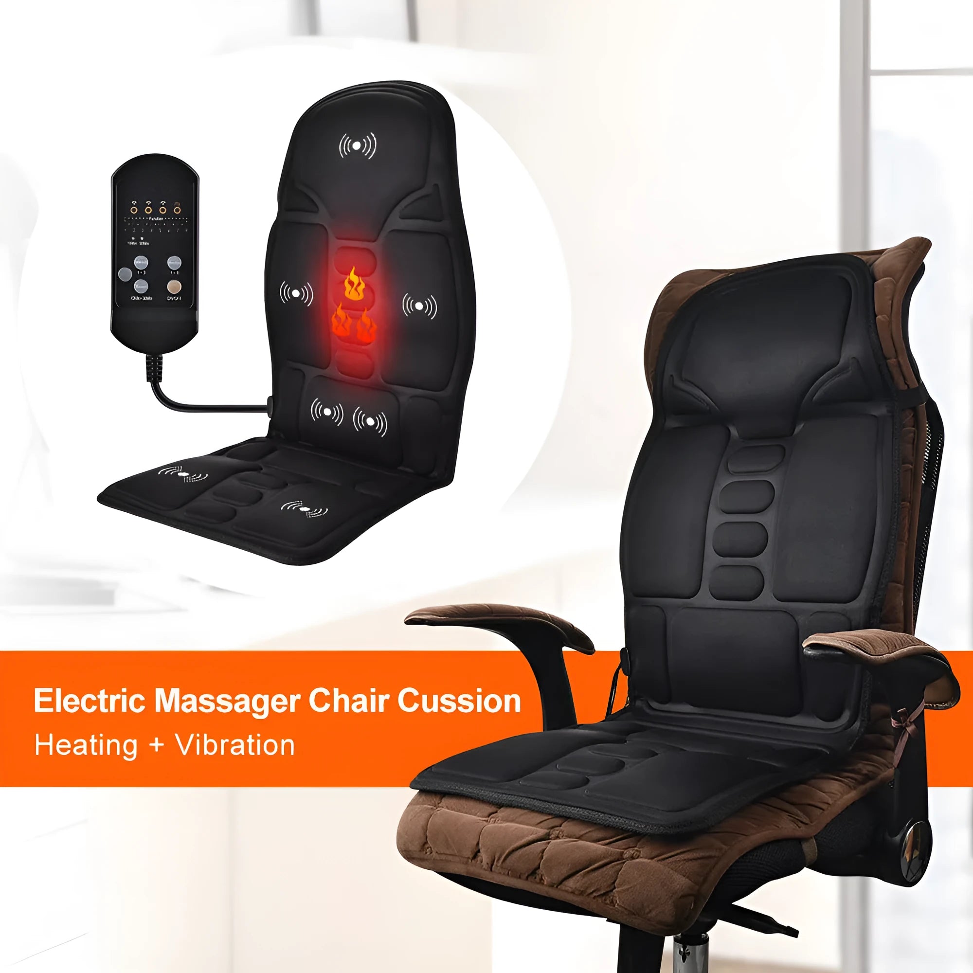 Black AC-powered cervical kneading massager with wireless remote control on flat surface