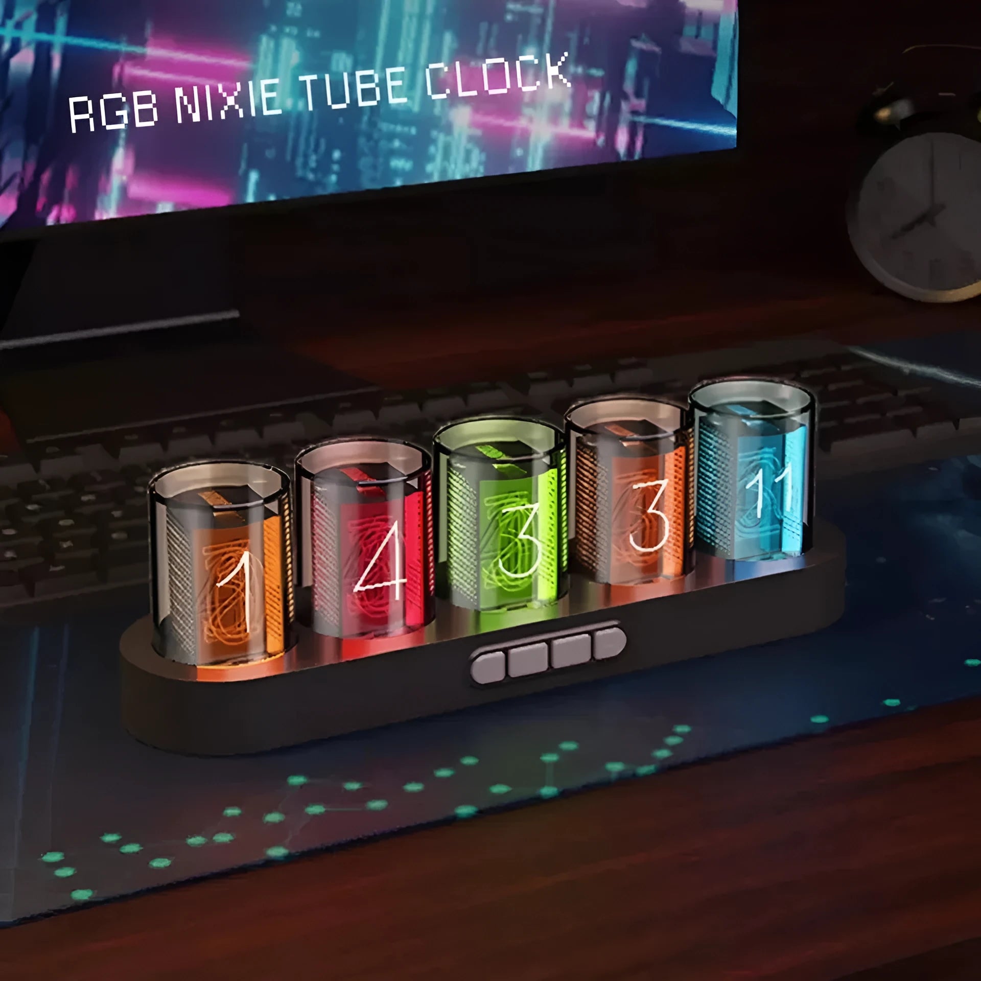 RGB LED digital tube clock showing time display with colourful lighting on a desk.