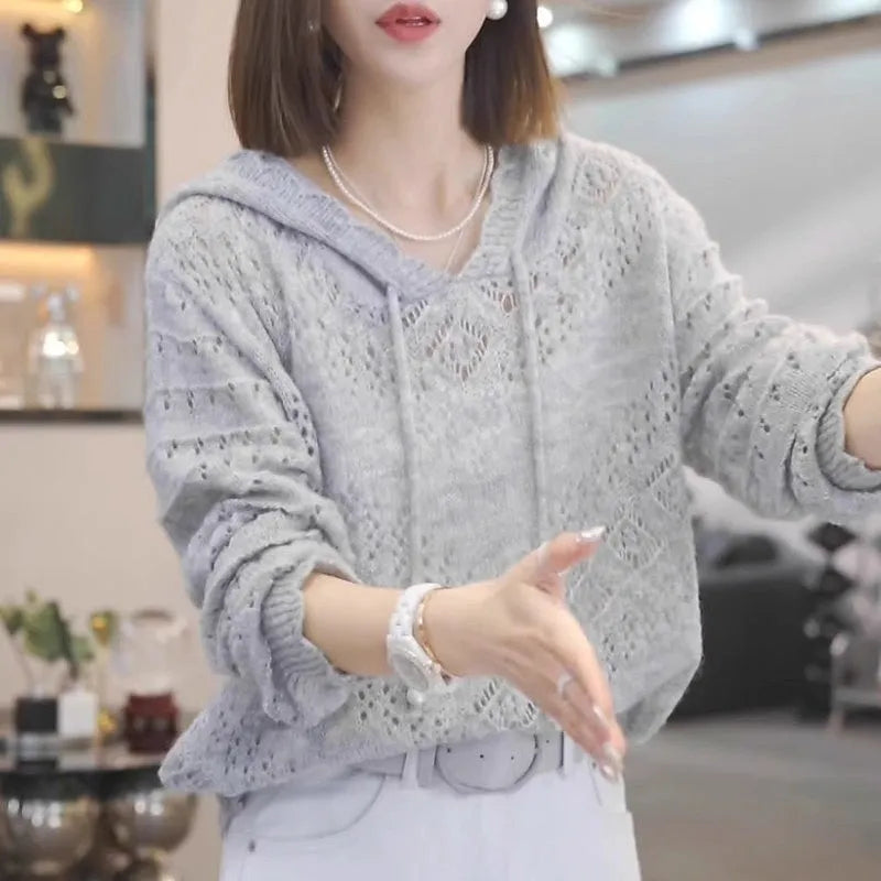 Women's white crochet hooded longsuit undershirt with hollow pattern detail