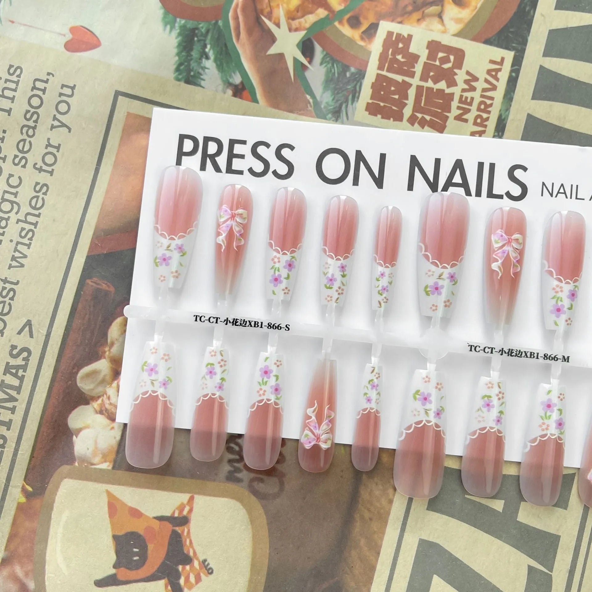 Small floral prefabricated nail tips with long ladder velvet seal layer in white small lace pattern XB1-866