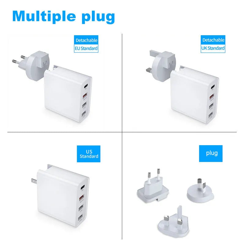 White 4-port USB fast wall charger with UK plug showing PD, QC and USB ports
