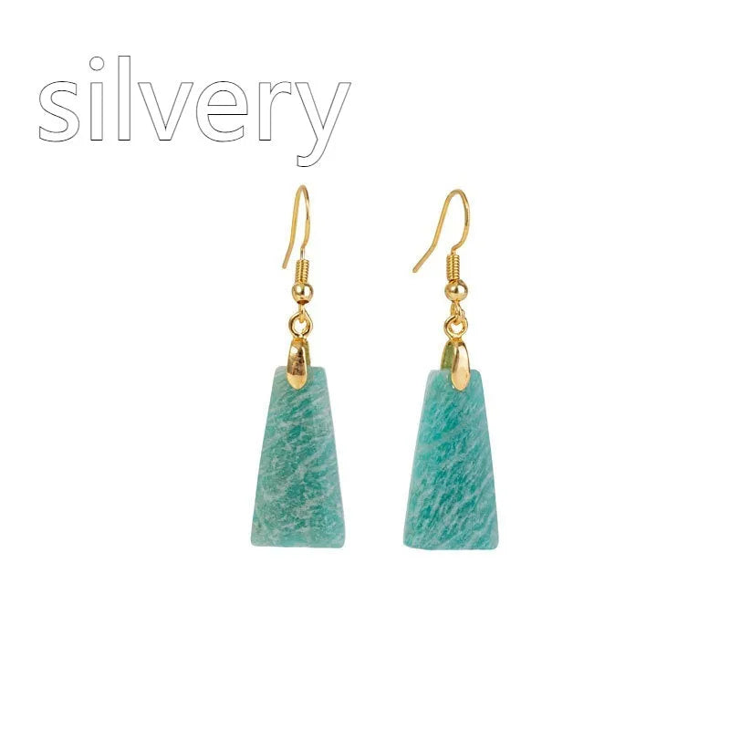 Amazonite rough stone trapezoid earrings with geometric design in gold or silver settings