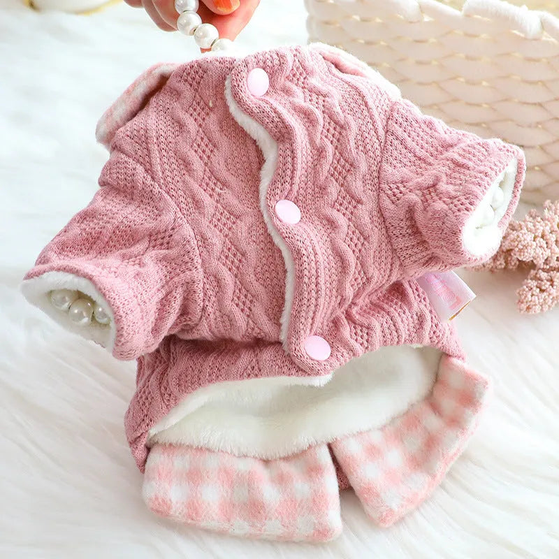 Dog wearing blue wool plaid fake two-piece sweater with fleece lining