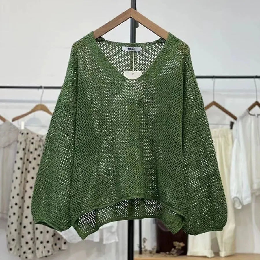 Loose mesh top with 3/4 princess sleeves in green, purple, brown or apricot white