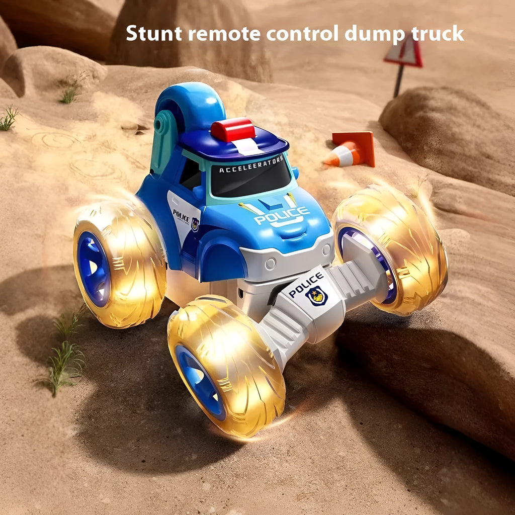 Remote control stunt car for children aged 4-6, plastic four-wheel drive toy with 360° tumbling and lights, blue or red style