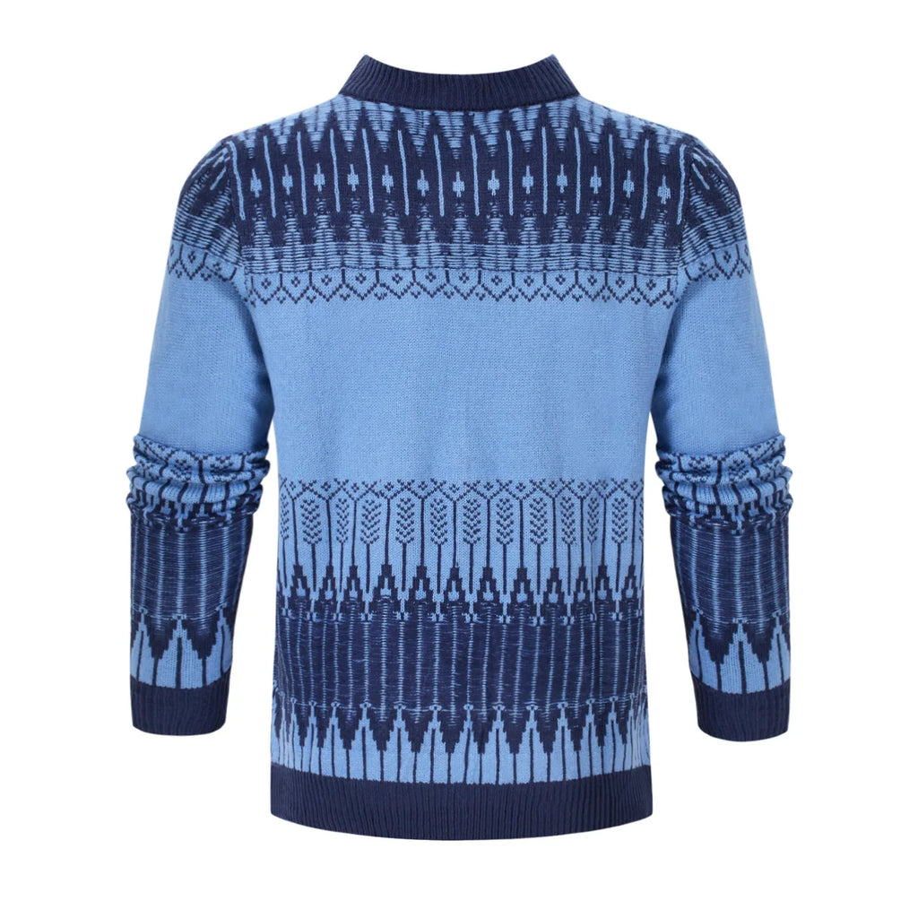 Men's grey knitted sweater with long sleeves, crew neck, and ribbed hem cuffs laid flat