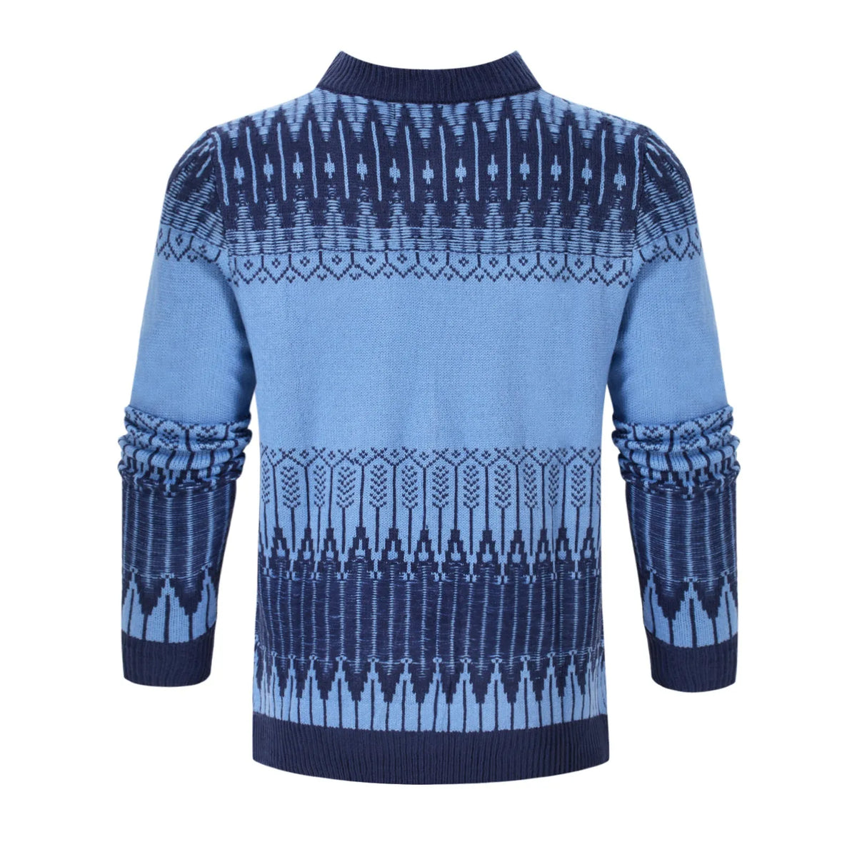 Men's grey knitted sweater with long sleeves, crew neck, and ribbed hem cuffs laid flat