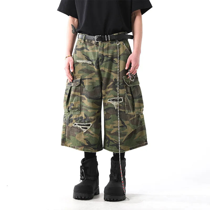 Retro camouflage cropped cotton denim trousers for men, straight-leg, mid-waist, available in sizes S to XXL.