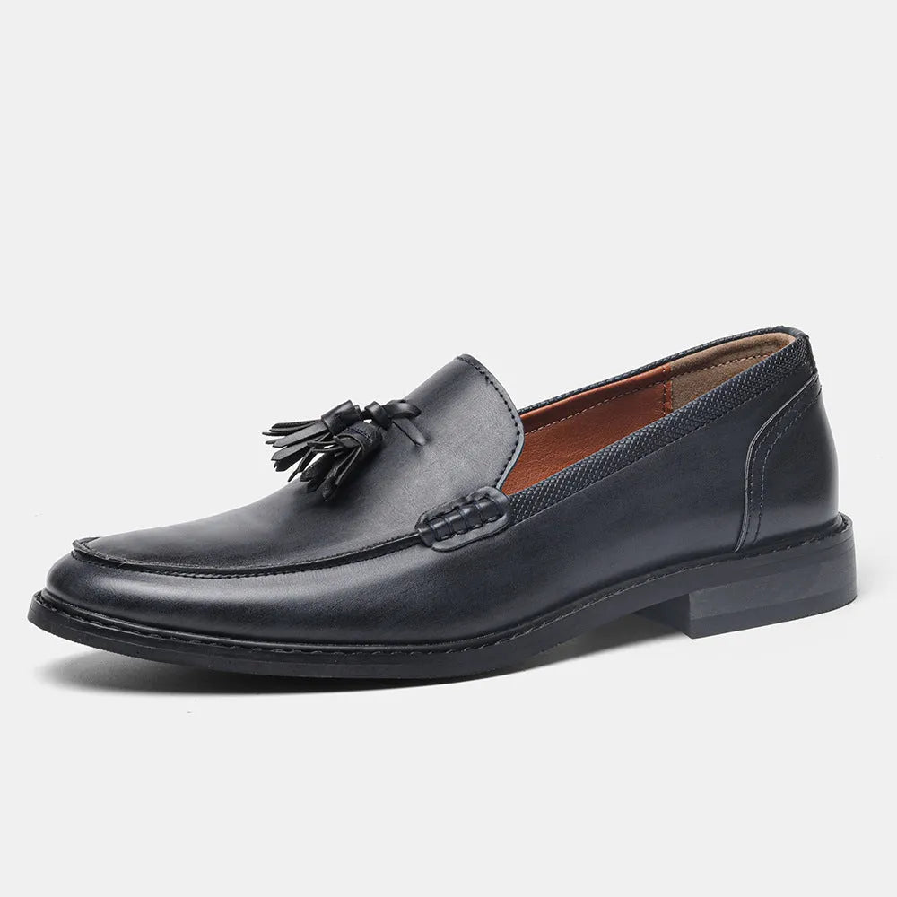 Wood grain tassel loafers, low-top slip-on formal shoes with leather toe cap, PU upper, men's footwear